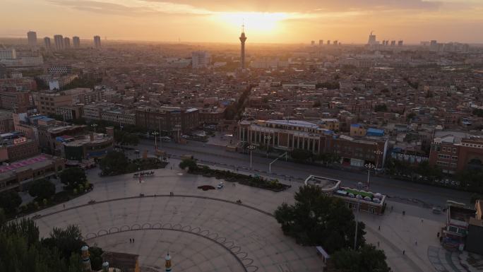 新疆喀什古城日出朝霞千年古城少数民族建筑