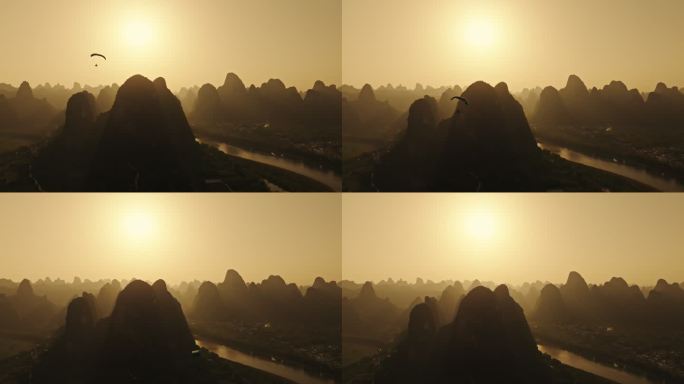 桂林漓江唯美浪漫的热气球滑翔伞日落