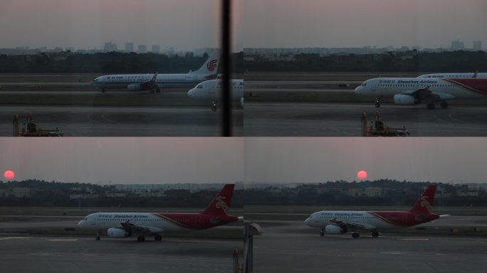 夕阳背景下机场飞机起降场景