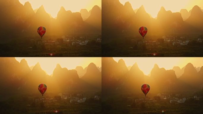桂林黄布倒影漓江唯美的热气球滑翔伞日落
