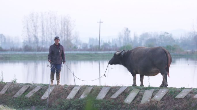 农民牵着牛走在水塘间