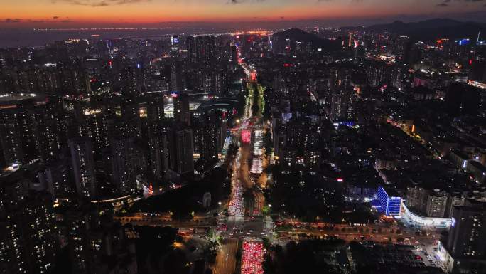 深圳大前海宝安中心城市夜景晚霞内透