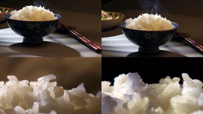 一碗大白米饭 青花瓷碗 竹筷子 米粒特写