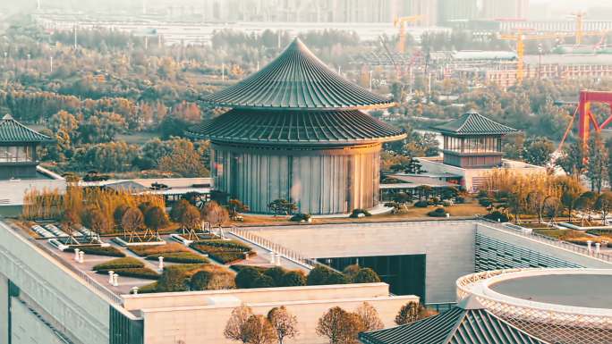 航拍夕阳中国大运河博物馆长焦大运塔素材