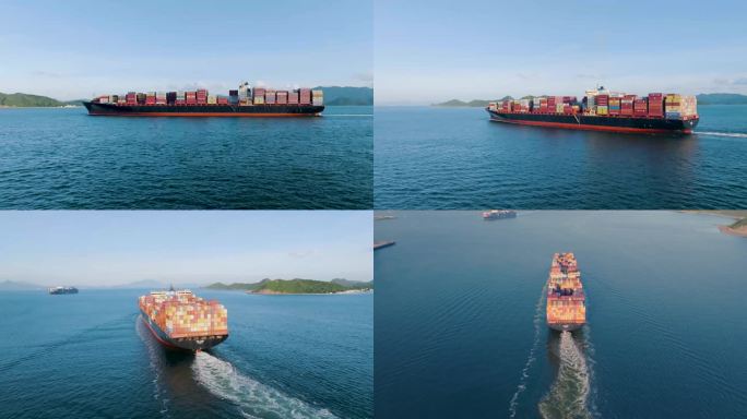 万吨集装箱巨轮穿越海峡航行海面4K