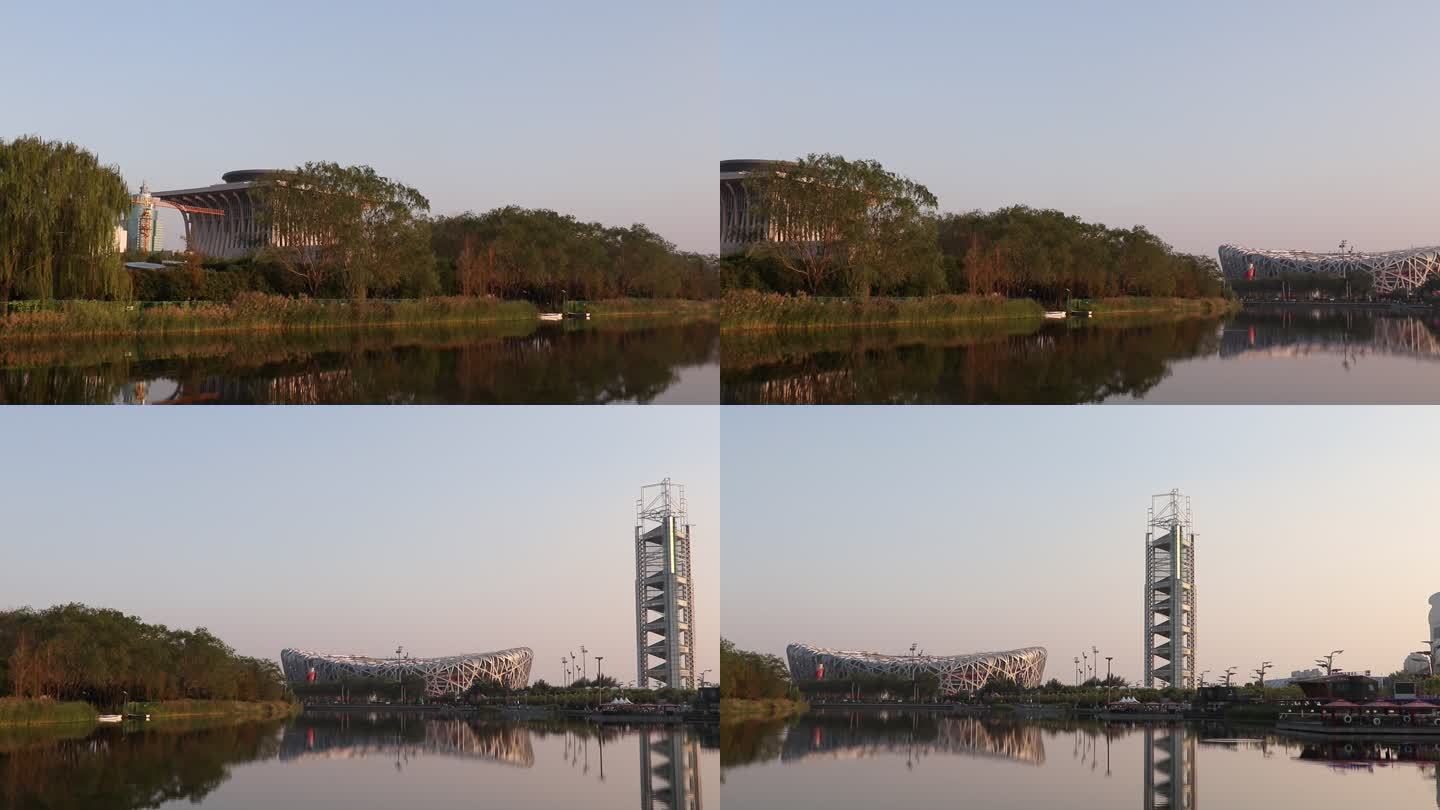 北京鸟巢、夏季湖边傍晚景色