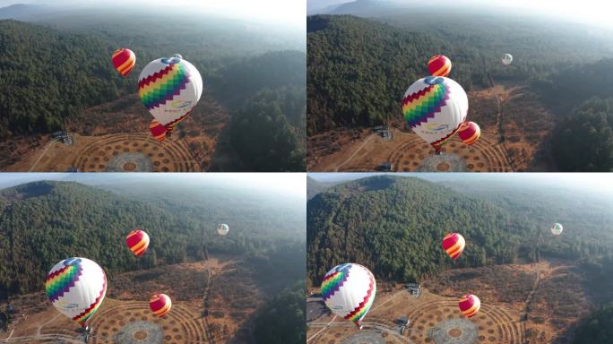 航拍火山地质果园里的观光热气球