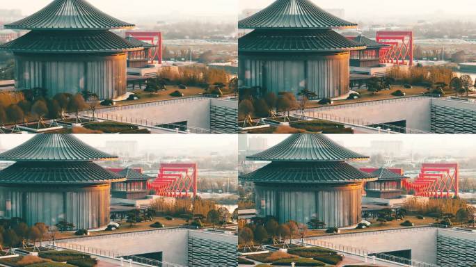 航拍夕阳中国大运河博物馆长焦大运塔素材