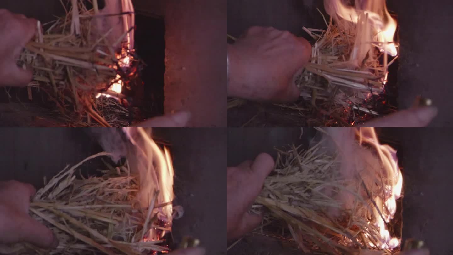 烧火木柴灶台秸秆老人