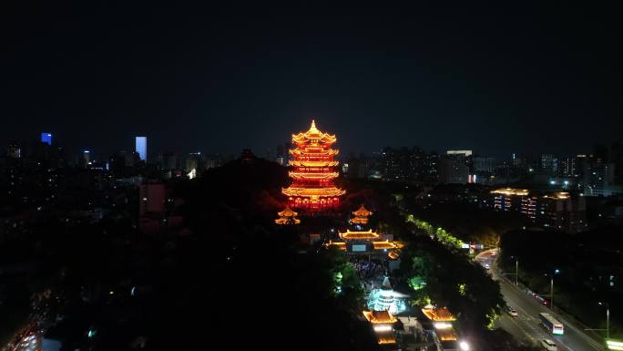 武汉黄鹤楼夜景航拍黄鹤楼风景夜晚建筑风光