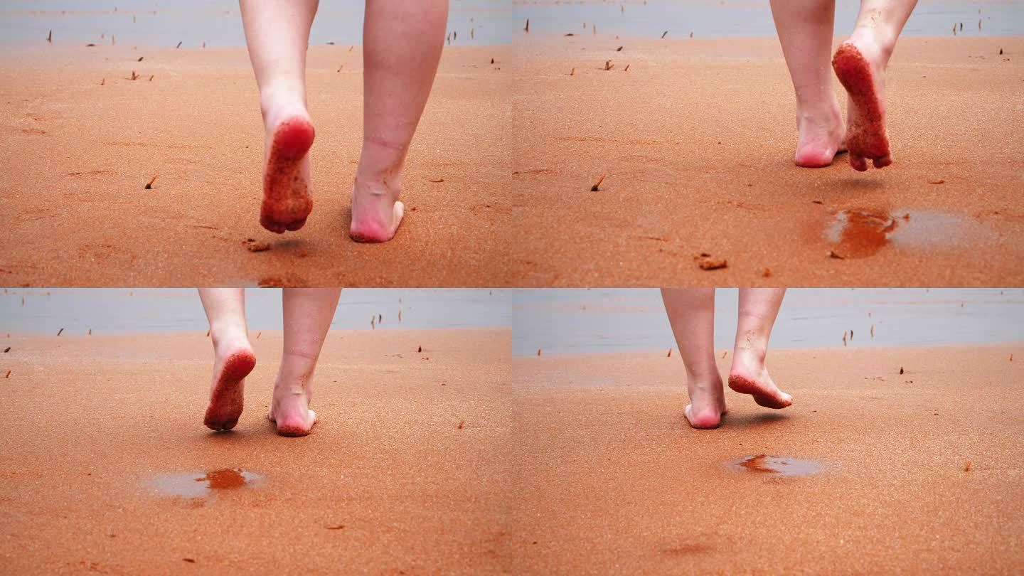 沙滩脚步脚印特写慢动作