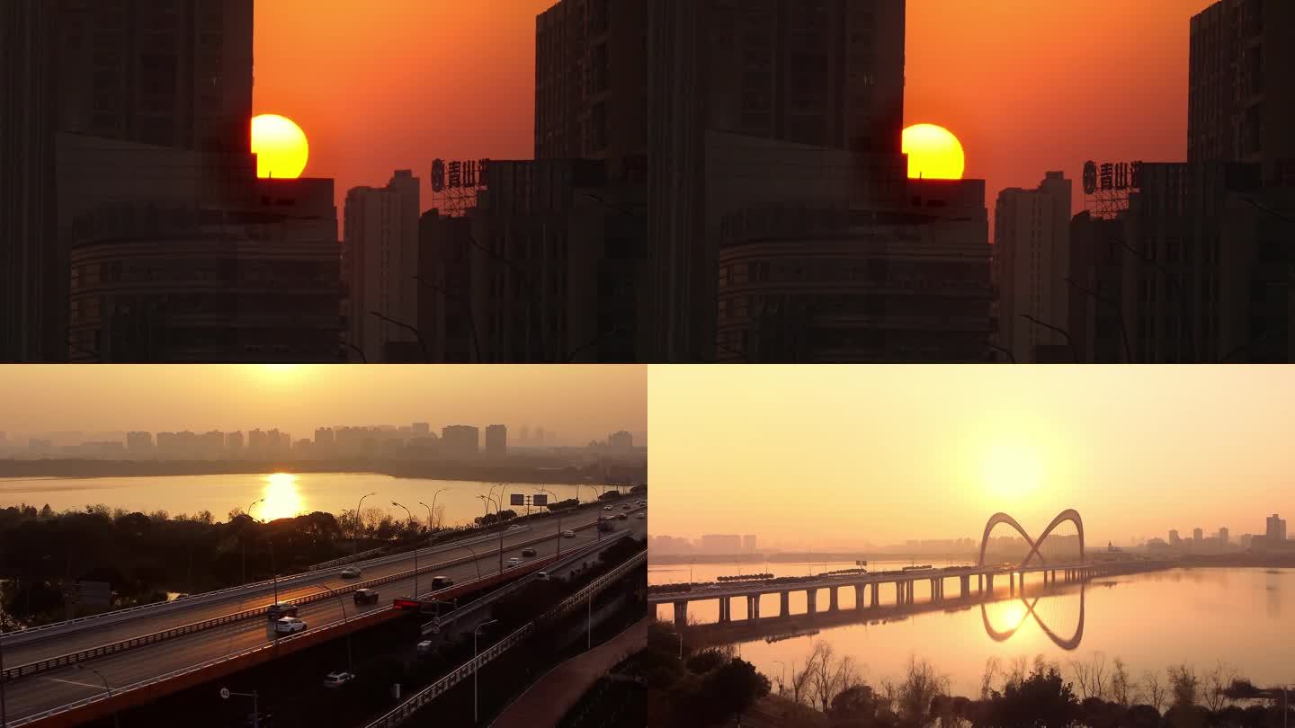 艾溪湖大桥航拍夕阳  南昌美景
