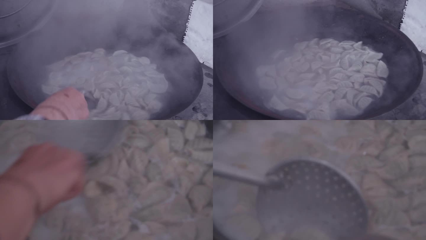 农村灶台铁锅煮饺子