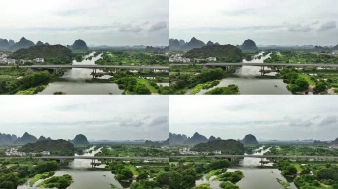 航拍桂林漓江上的高速公路大桥
