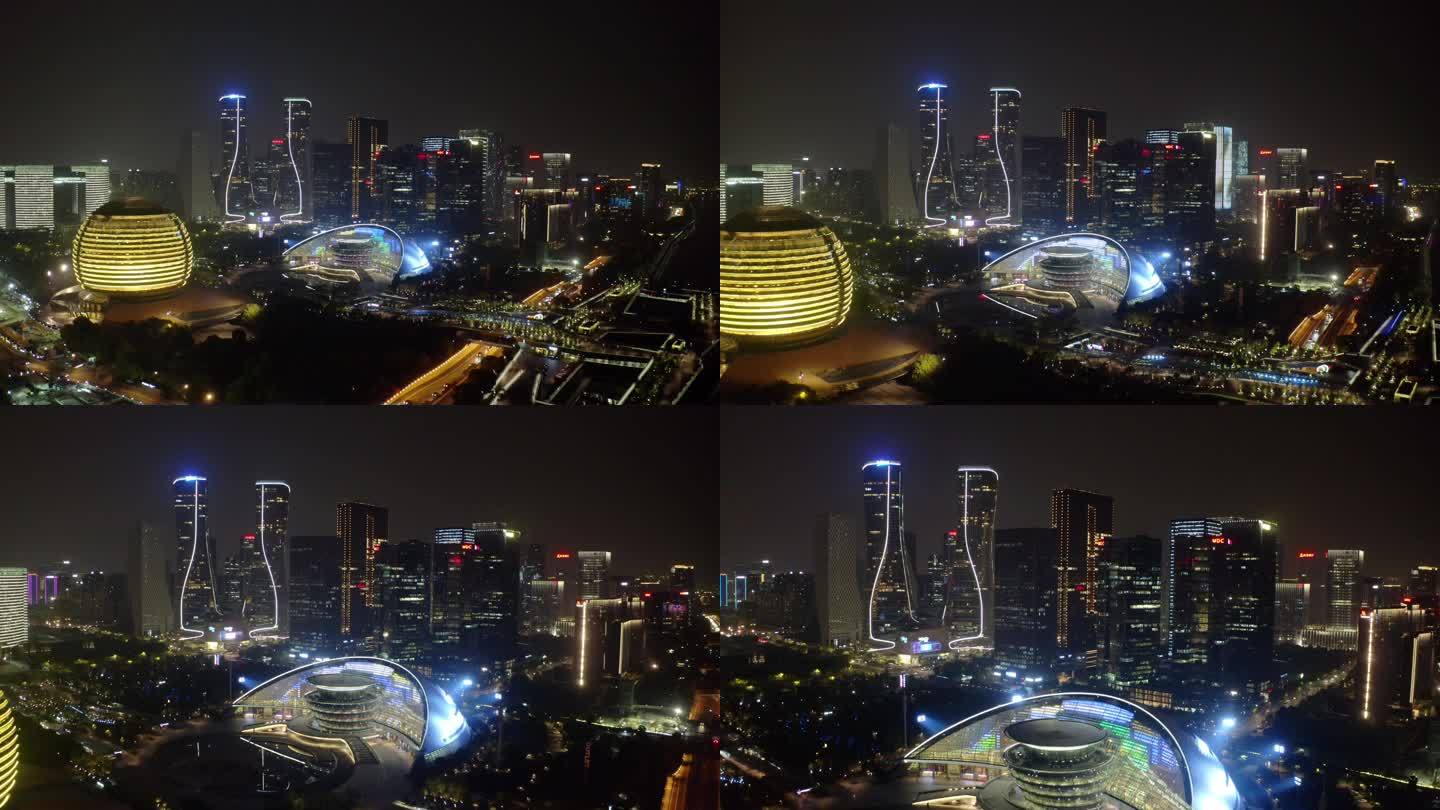 杭州钱江新城CBD大场景夜景航拍