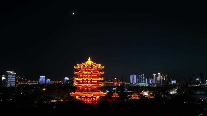 武汉黄鹤楼夜景航拍黄鹤楼风景夜晚建筑风光