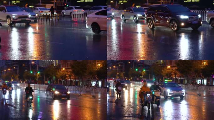 夜晚雨中街道行驶的车流