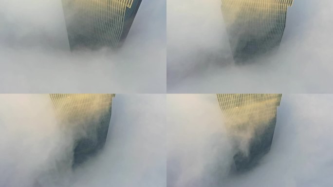 航拍清晨朝阳平流雾云层下扬州金奥中心大楼