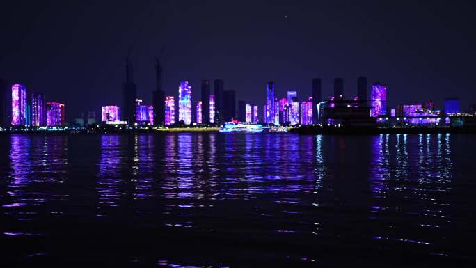 4K武汉江滩风景区两岸高楼唯美夜景空镜