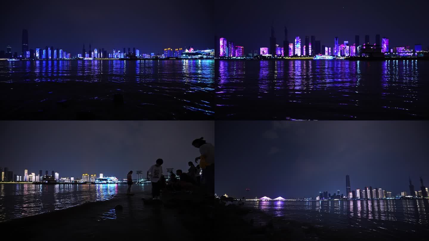 4K武汉江滩风景区两岸高楼唯美夜景空镜