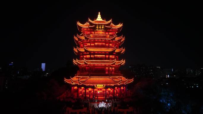 武汉黄鹤楼夜景航拍黄鹤楼风景夜晚建筑风光