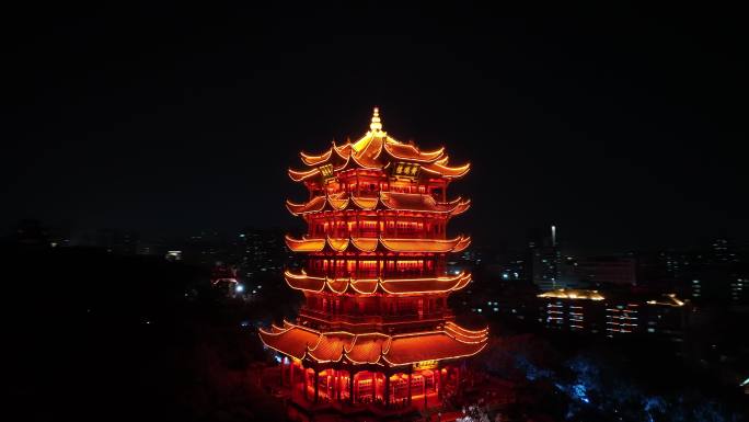 武汉黄鹤楼夜景航拍黄鹤楼风景夜晚建筑风光