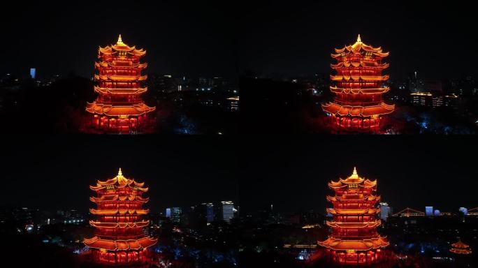 武汉黄鹤楼夜景航拍黄鹤楼风景夜晚建筑风光