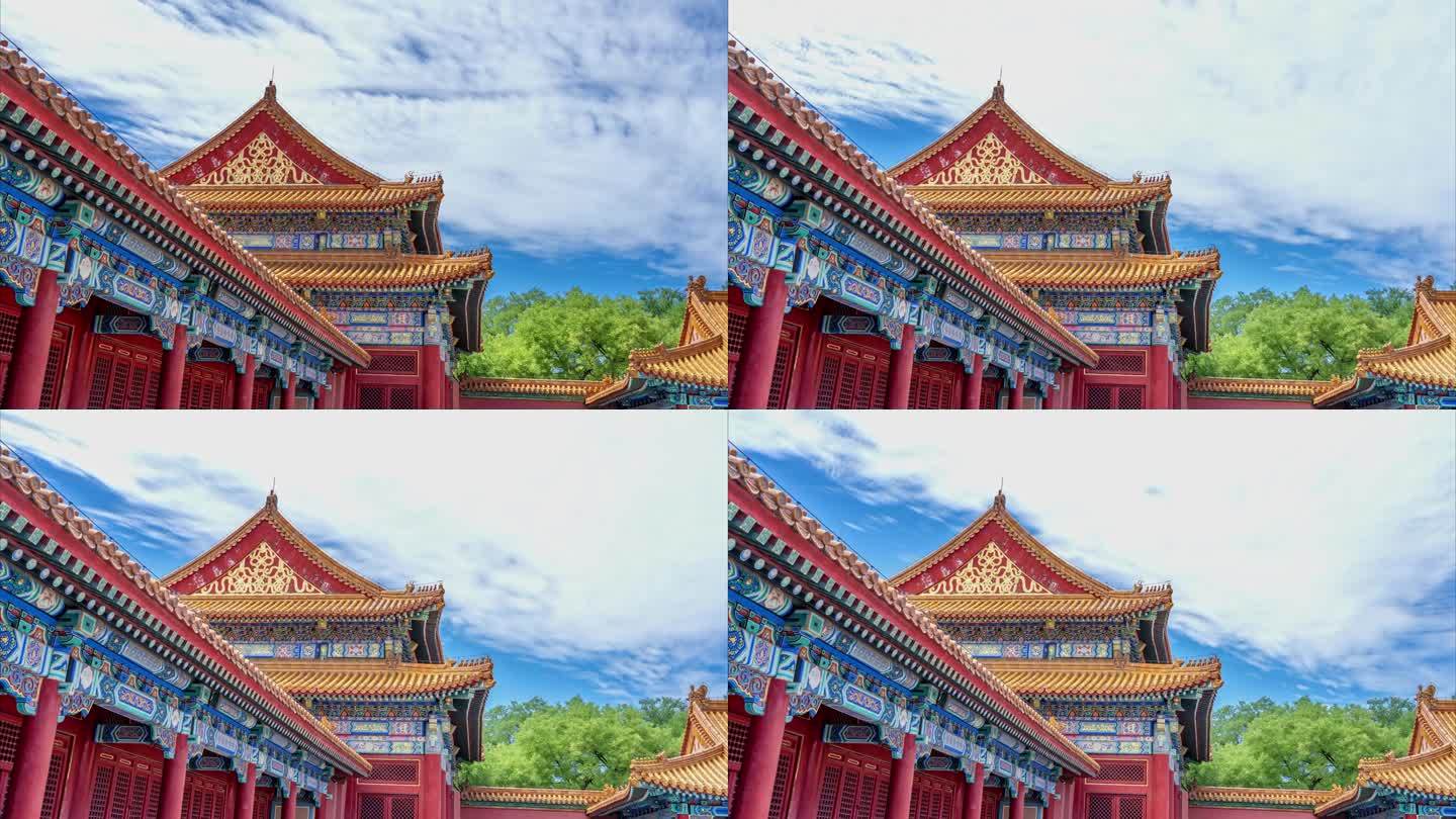 北京故宫博物院宫墙屋檐蓝天白云延时