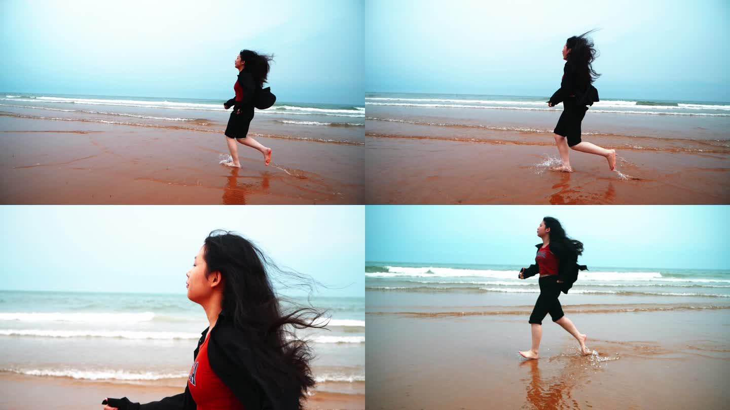 沙滩少女奔跑慢动作
