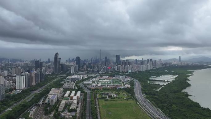 深圳福田区极端暴雨天气航拍