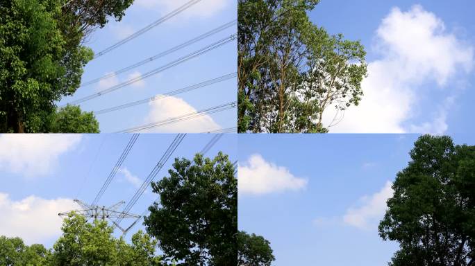蓝天白云高压线绿树电网铁塔空镜