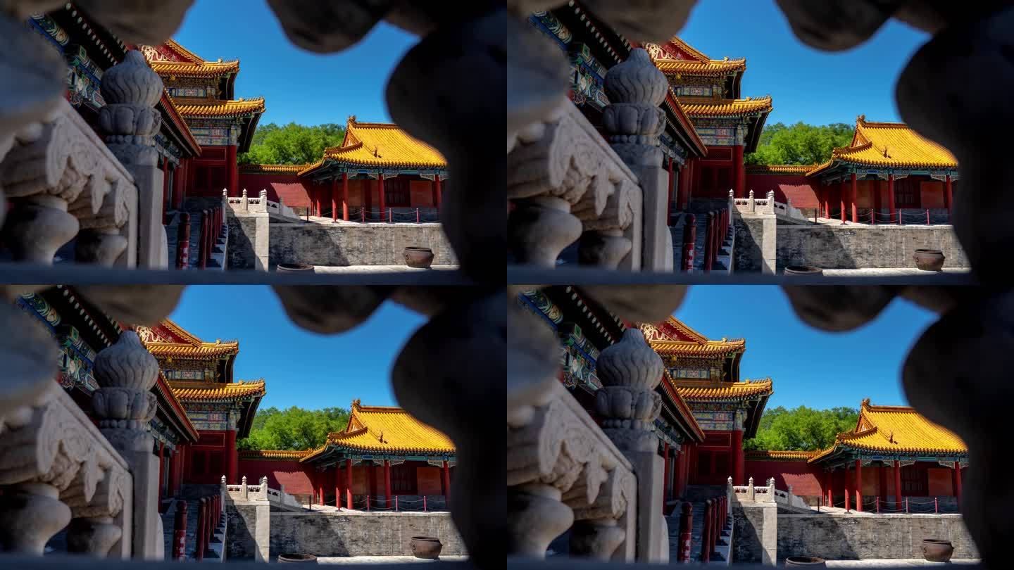 透过石砌栏杆看北京故宫白昼光影变化