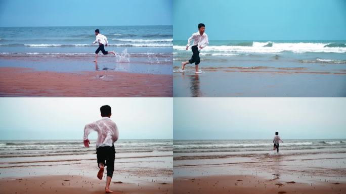 海浪沙滩小男孩奔跑慢动作