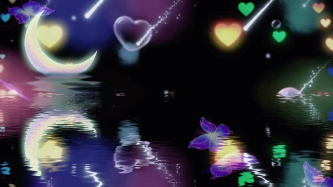 水面月亮蝴蝶爱心倒影视频素材背景
