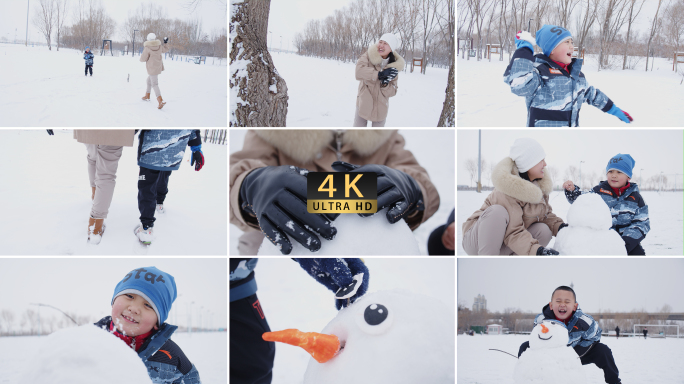 【4K】亲子雪地奔跑打雪仗堆雪人快乐玩耍