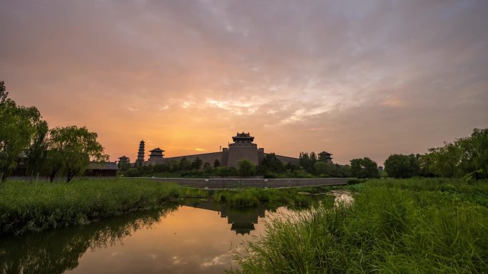 大同市平城区城墙东南角楼雁塔爆红晚霞延时