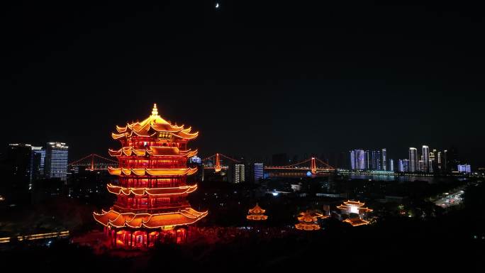 武汉黄鹤楼夜景航拍黄鹤楼风景夜晚建筑风光