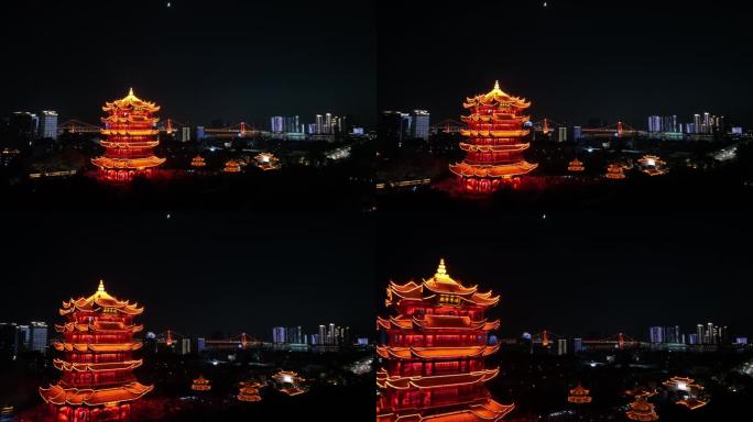 武汉黄鹤楼夜景航拍黄鹤楼风景夜晚建筑风光