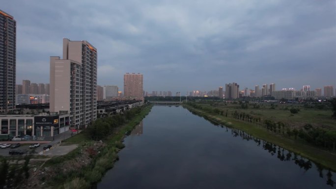 哈尔滨松花江城市支流夜景航拍