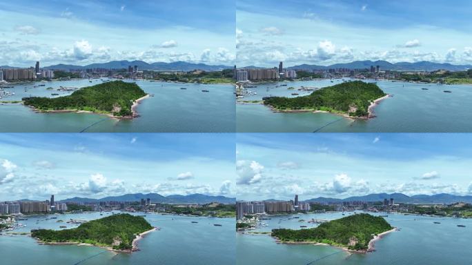 航拍广东惠州大亚湾蓝色海洋岛屿海景建筑群