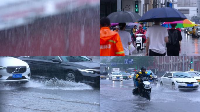 北京下大雨 城市街道积水 行车水花溅起