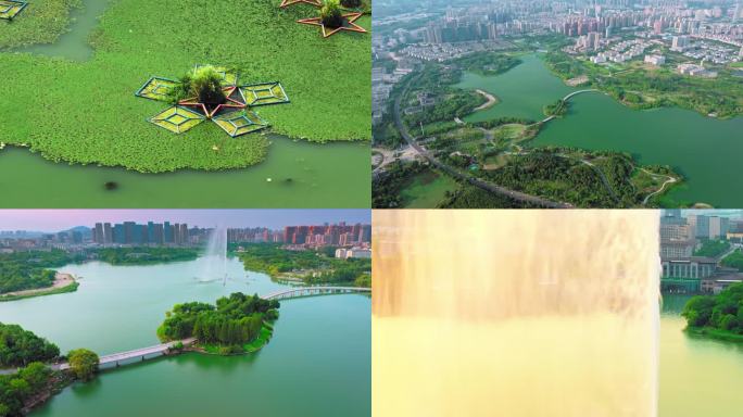 安徽合肥翡翠湖唯美落日喷泉航拍4K视频