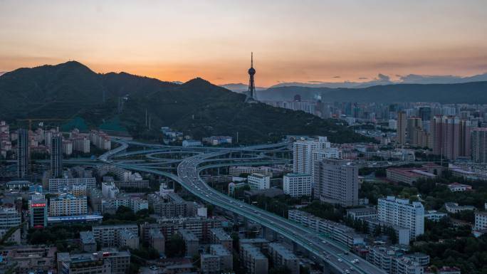 青海西宁市城区园树立交地标日落延时