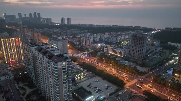 航拍威海市高新区恒瑞街城市夜晚与晚霞天空