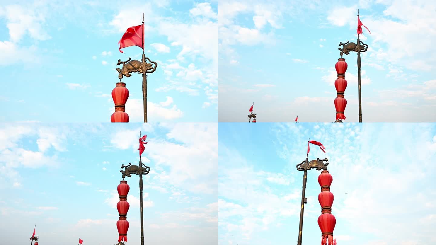 西安城墙上的灯笼和旗子