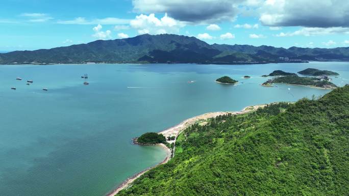 航拍广东惠州大亚湾海岸线绿道海滩岛屿海景