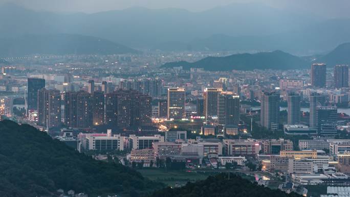 台州玉环市芦浦玉环新城日转夜航拍延时夜景