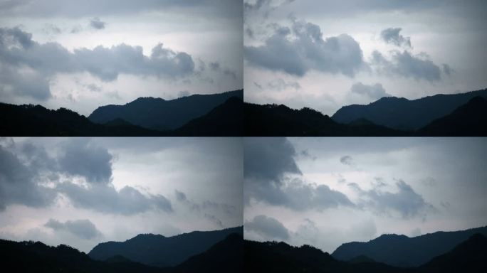 延时摄影-阴雨中的青山-天空中翻滚的雨云