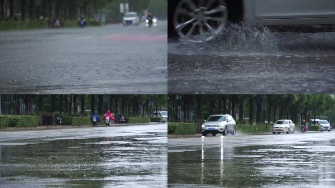 暴雨中急速通过积水溅起水花的车辆