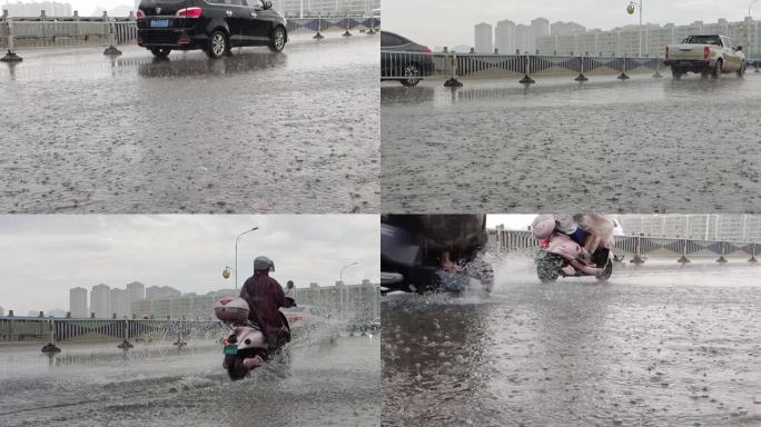 暴雨积水车轮转动积水路面水花飞溅飞溅水花